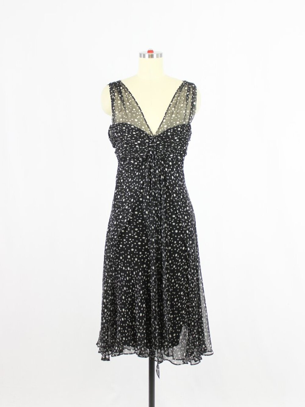 Vintage 00's R&M RICHARDS Black White Polka Dot 100% Silk Chiffon Dress, Size 18